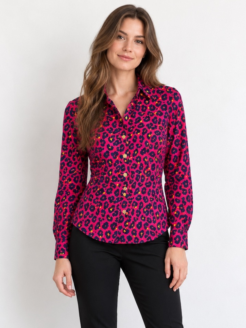 Jude Connally Hot Pink Navy Leopard Print Stretch Button Down Shirt L